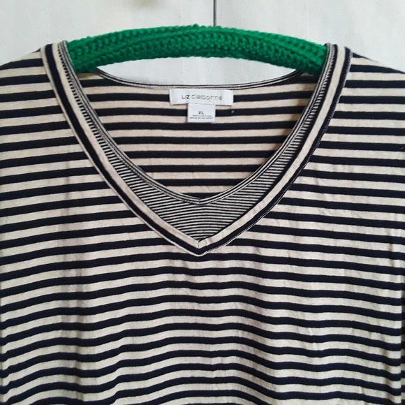 Liz Claiborne Beige & Black Stripe V-Neck T-Shirt XL (T-399) - Picture 3 of 4